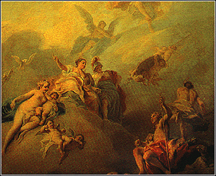 Sala del giudizio di Paride - Questa sala prende il nome dal dipinto sul soffitto, opera di Jacopo Amigoni (1682-1752). Di fronte a Paride, individuabile dal mantello rosso, sono raffigurate Venere nella sua nudit, Giunone maestosa e possente ed infine Diana con l'elmo, mentre una serie di puttini si alternano nel cielo.