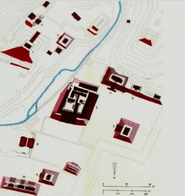 Pianta di Palenque. 1. Tempio della Croce; 2. Tempio della Croce Fronzuta; 3. Tempio del Sole; 4. Tempio delle Iscrizioni; 5. Palacio; 6. Struttura XIII; 7. Tempio XI; 8. Campo per il gioco della palla; 9. Tempio of the Count; 10. Gruppo Nord.