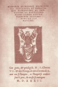 Frontespizio dell'edizione originale delle Istorie Fiorentine di Niccol Machiavelli.