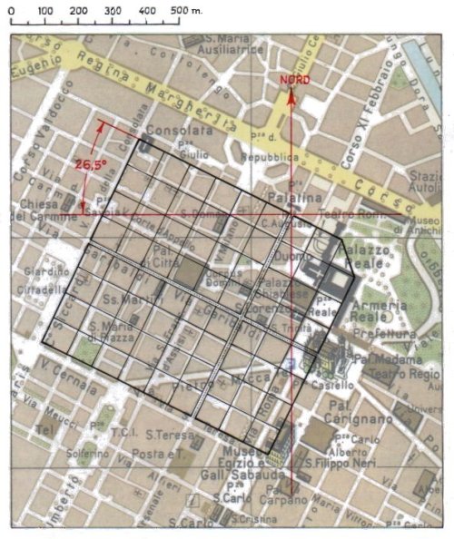 Pianta di Torino romana del 28 a.C. secondo la ricostruzione dell'Ufficio Regionale dei Monumenti di Torino diretto da Alfredo d'Andrade. 