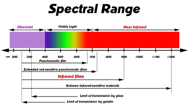 Lo spettro della radiazione elettromagnetica e le lunghezze d'onda di acquisizione delle varie pellicole per la fotografia analogica