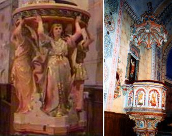 Gli angeli a sostegno della statua di SanAntonio da Padova; il pulpito con la statua di San Luca.