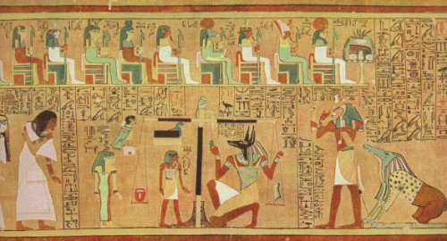 Illustrazione3 - Da un papiro della XVIII dinastia dei faraoni dell’antico Egitto rinvenuto nella tomba dello scriba Ani e conservato nel British Museum di Londra. Anubi, dalla testa di sciacallo, pesa il cuore di Ani mentre Thoth dalla testa d’ibis, protettore della magia, scrive col calamo il verdetto. (Tratto dal 4° vol. dell'«Enciclopedia della Civiltà atomica», ediz. Il saggiatore)
