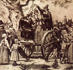 Dipinto del XIX secolo raffigurante l'esecuzione di Bridget Bishop; gli abitanti di Salem assistono all'esecuzione lanciando insulti ed esultando quando il laccio viene passato intorno al collo della donna.